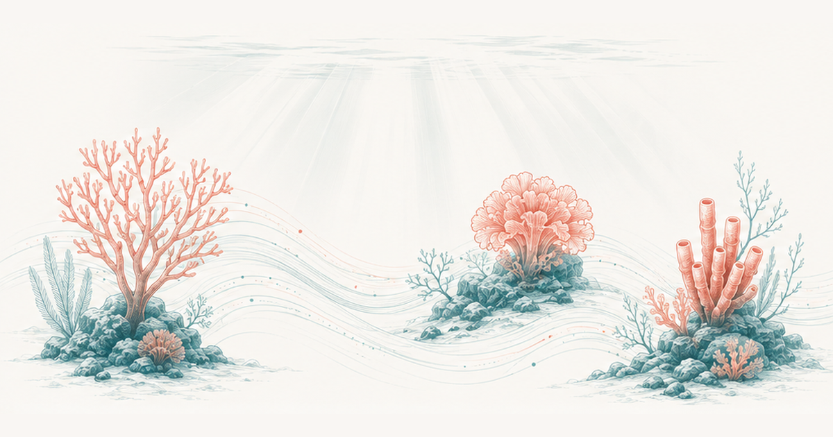 Several distinct coral colonies spaced apart on the seabed, linked only by the water between them